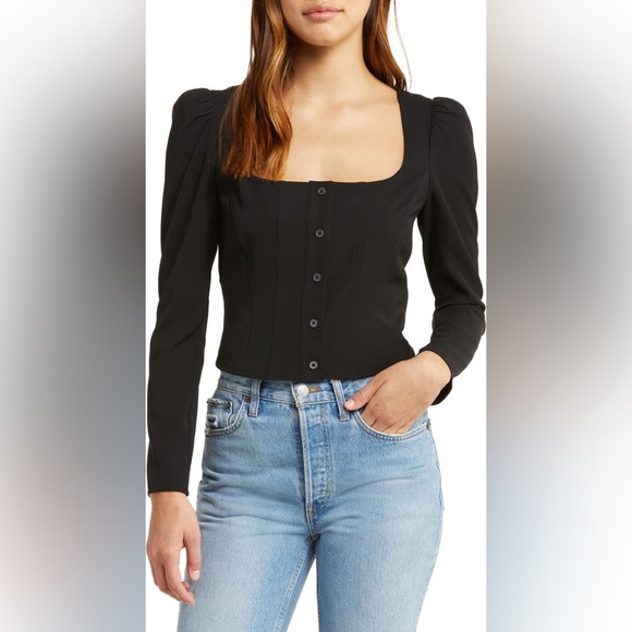NWOT WAYF Unforgettable Long Sleeve Puff Shoulder Top - Black - Picture 1 of 9